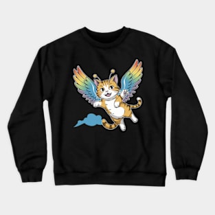 anime funny cat with wings in flying in sky Crewneck Sweatshirt